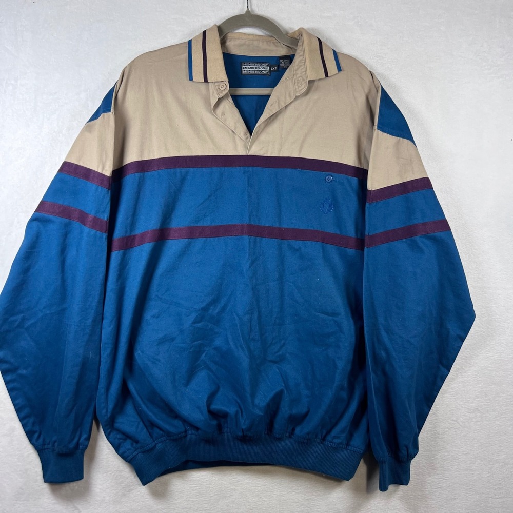 Vintage Members Only Colorblock Pullover Shirt Blue Tan Purple Mens LXT Cotton
